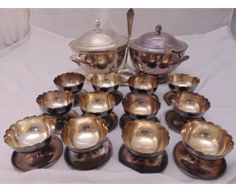 Mappin and Webb silver plate to include two tureens, a ladle and twelve ice cream bowls