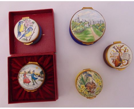Five enamel pill and patch boxes to include Crummles and Bilston