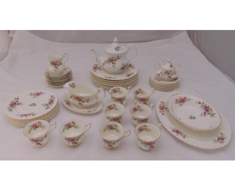 Royal Albert Moss Rose dinner and tea service for eight place settings to include plates, cups, saucers, teapot, milk jug, su