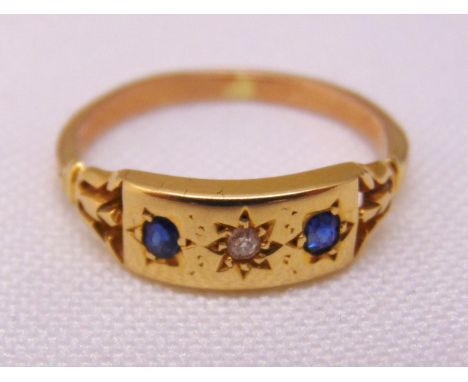 9ct yellow gold, sapphire and diamond three stone ring, approx total weight 1.9g