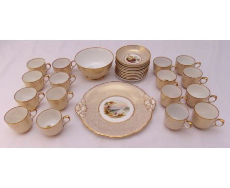 Sampson Bridgwood and Sons porcelain teaset Vermicelli pattern circa 1860 with hand painted landscapes to include a cake plat