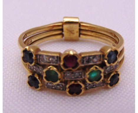 18ct yellow gold three strand ring set with diamonds, emeralds, rubies and sapphires, approx total weight 5.4g