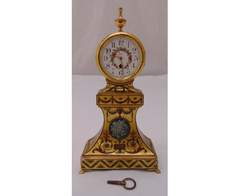 A continental eight day single train movement mantle clock of tapering rectangular form, hand painted, the circular enamel di