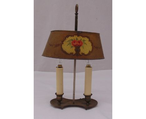 A Bouillotte lamp, the oval shade painted with flowers and leaves