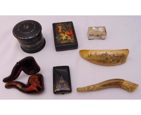 A quantity of collectables to include scrimshaw, papier mache boxes, a carved wooden pipe in fitted leather case and a Mother