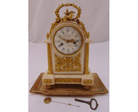 Baillonof Paris marble and gilt metal mantle clock, two train movement, white enamel dial with Roman numerals to include key 