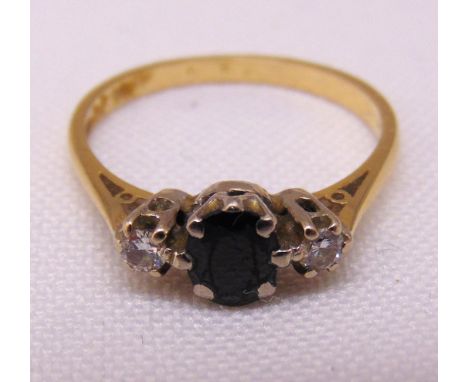 18ct yellow gold sapphire and diamond three stone ring, approx total weight 2.6g