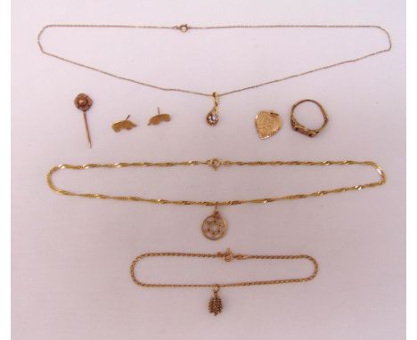 A quantity of 9ct gold jewellery to include two chains, a bracelet, a pair of earrings, four pendants and a ring, approx tota