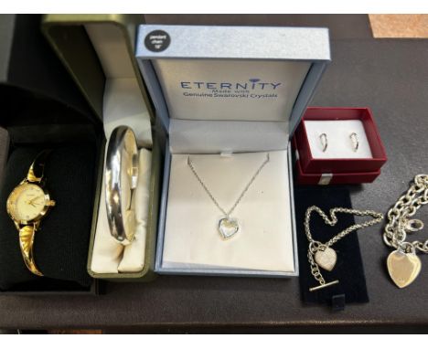Designer bangle, eternity chain & pendant, Silver half Albert & T bar, Pair of silver earrings, 925 designer bracelet & Sekon