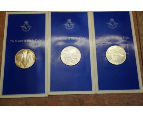 The History of man in flight 3x Silver gilt coins 