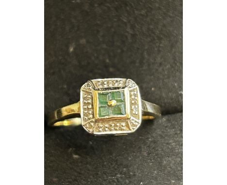 9ct Gold square shaped ring set with emeralds & diamonds Size M 1.6g 