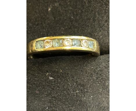 9ct Gold ring set with aquamarine & cz stones Size O 1.8g 