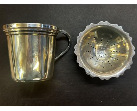 Silver cup (small dint) and a silver sifter (no handle) 75 grams of silver 