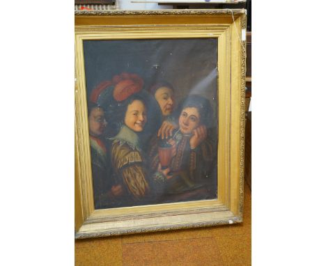 A large oil on canvas genre painting in the manner of a 17th Century Dutch Old Master, depicting a flamboyant young man, his 