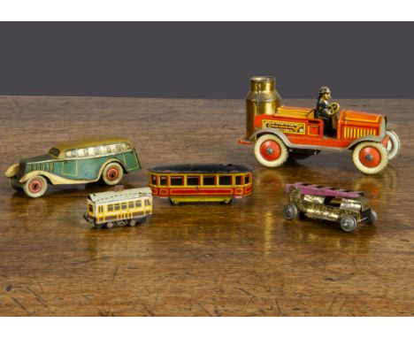 German Penny Toy and other vehicles, a clockwork fire pump lithographed with man —4½in. (11.5cm.) long; a similar charabanc w