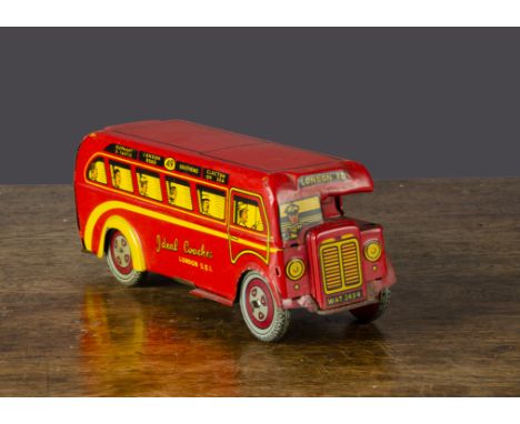A Wells Brimtoy red Ideal Coach single deck bus,  clockwork, red lithographed tinplate with yellow lining, Ideal Coaches Lond