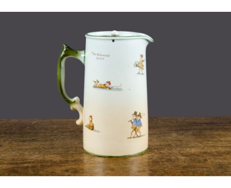 A Grimwades Brownie Golf hot-water jug transfer-printed with Brownies playing golf, with metal lid —7in. (18cm.) high