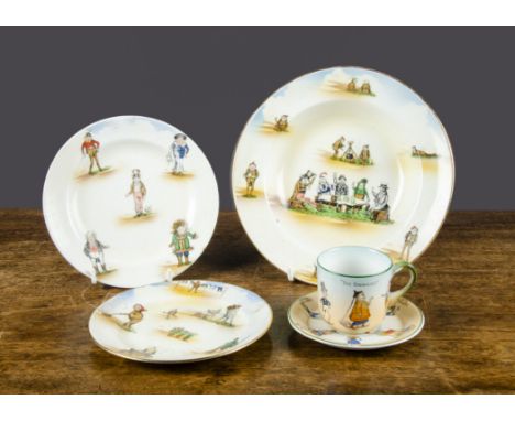 Grimwades Brownie wares, bowl, plates and cup and saucer,&nbsp;a soup bowl —8½in. (21.5cm.) wide, two side plates (one restor