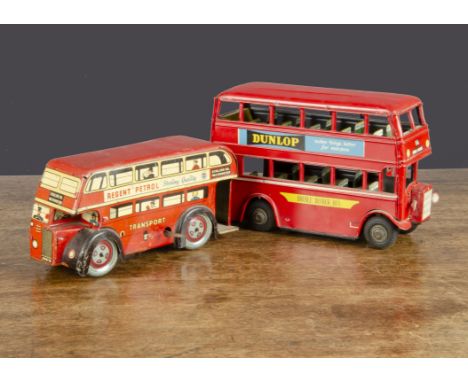 A Wells Brimtoy Double Deck Bus, clockwork, red lithographed tinplate with Regent Petrol advertising —6¼in. (16cm.) long (F-G