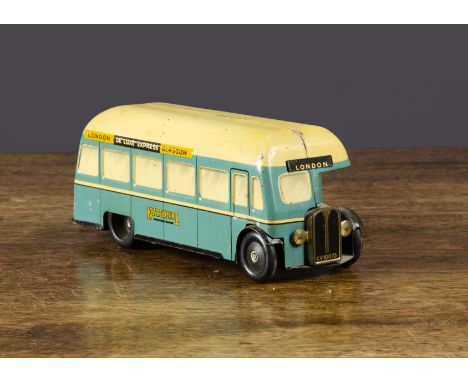 A Chad Valley National De Luxe Express single deck bus, London to Glasgow, clockwork, cream and light blue lithographed tinpl