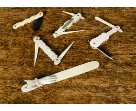 Three 19th Century bone prisoner of war grooming tools, for nail and ear cleaning, one in the form of a stringed instrument —