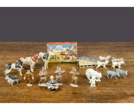 Timpo Toys Ivy &amp; Brumas polar bears,   In original box (missing ends) a seated white hunter, four large dogs, three Eskim