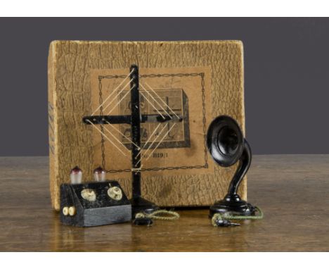 An Ernst Plank 819/1 dolls’ house radio receiver, comprising wooden two-valve receiver, a tinplate horn speaker and aerial, i