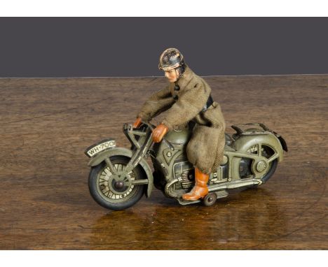A Tipp &amp; Co German Wehrmacht military dispatch rider, clockwork lithographed tinplate motorcycle with detailed engine, WH
