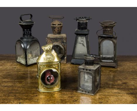 Six 19th/early 20th Century domestic lanterns, five tinplate or steel lanterns, glazed, four for candles and one an oil-lamp 