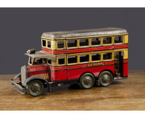 A Günthermann General double deck bus,  six-wheeled, lithographed cream and red tinplate with black lining, clockwork mechani