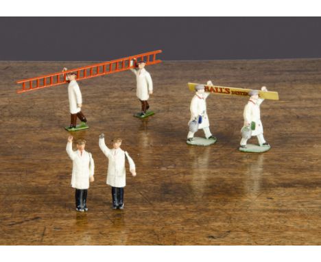 Dinky and Britains Painter figures, Britains figures carrying ladder, with original ladder and two standing painters, Dinky w