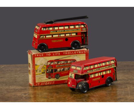 A Wells Brimtoy Stop &amp; Go Trolley Bus,  clockwork, in original box —4½in. (11.5cm.) long; and similar Double Deck Bus (G)