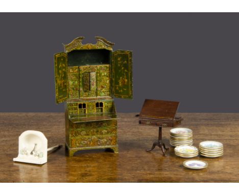 A fine dolls’ house miniaturist chinoiserie bureau, painted green with all drawers and doors working, signed AR —8in. (20.5cm