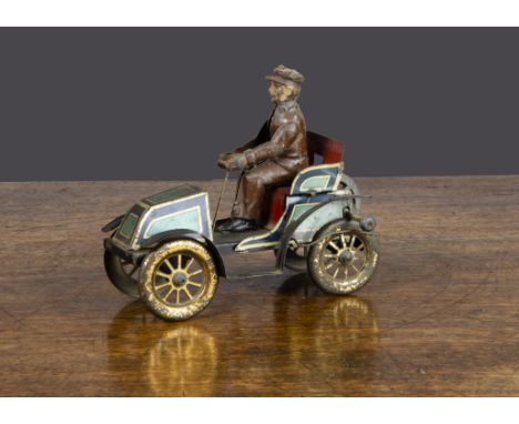 An Issmayer flywheel-driven tinplate phaeton automobile,  lithographed dark blue and light blue with cream lining, painted dr
