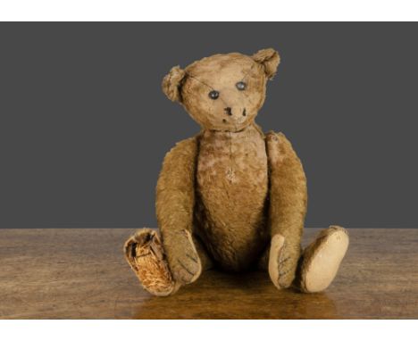 An early Steiff teddy bear, with brown mohair, black boot button eyes, pronounced muzzle, remains of black stitched nose and 