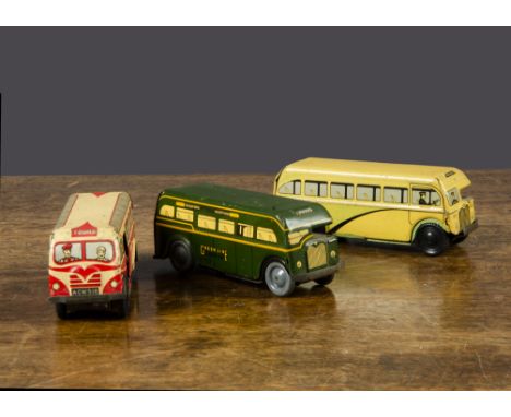 Three Wells Brimtoy Pocketoy Coaches,  a red and cream tinplate Touring coach with friction drive —4½in. (11.5cm.) long (F-G)
