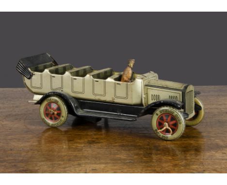 A Tipp &amp; Co ‘Silver Queen’ clockwork tinplate charabanc, lithographed silver with black lining, driver’s double seat and 