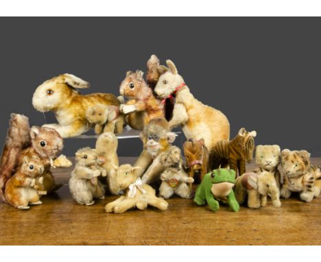 Seventeen post-war Steiff animals, including two jointed tiger cubs; a kangaroo —9½in. (24cm.) high; three Perri squirrels an
