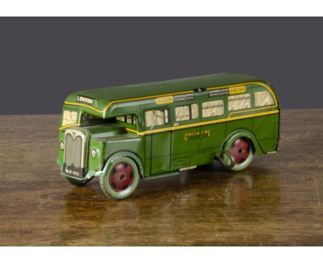 A Wells Brimtoy Green Line single deck bus,  clockwork, green lithographed tinplate with yellow lining, Glasgow to Exeter and