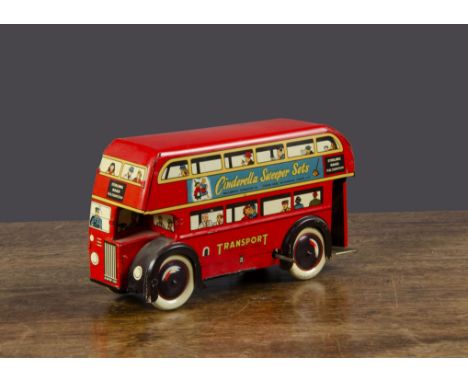 A Wells Brimtoy Double Deck Bus, clockwork, red lithographed tinplate, people at windows and various toy advertisements —8in.