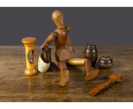 A small collection of treen, comprising a turret shaped needle case —3¼in. (8cm.) high; a barrel shaped box with Hebrew text 