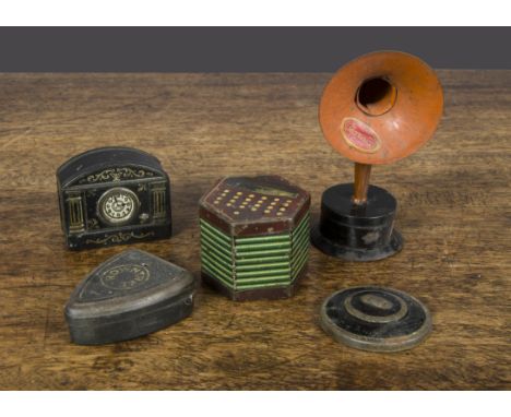 Miniature novelty sample tins, a Rowntree mantel clock —2in. (5cm.) wide; an accordion; a Clarnico radio speaker horn; a Rown