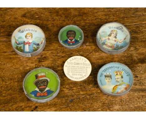 Dexterity toys, lithographed tinplate The Coronation Puzzle of Edward VII and Queen Alexandra —2½in. (6cm.) diameter; and two