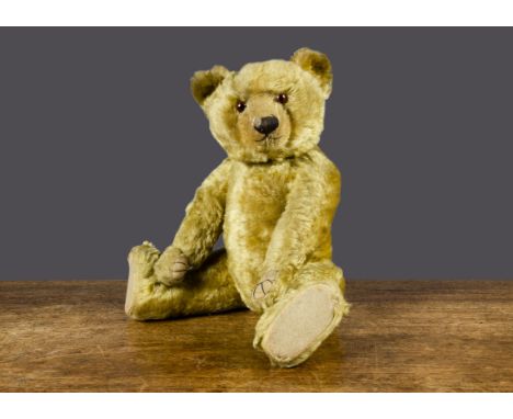 A good J K Farnell 1920s teddy bear,  with golden mohair, orange and black glass eyes, pronounced clipped muzzle, black stitc