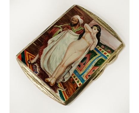 H/M SILVER ARABIC ENAMELLED CIGARETTE CASE ENGINE TURNED - 88.6 GRAMS IN TOTAL