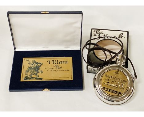 SILVER PLAQUE &amp; AMERICAS CUP FLASK