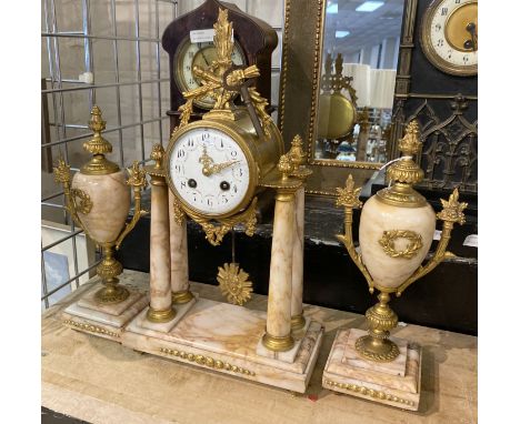 PINK MARBLE FRENCH MOVEMENT MANTLE CLOCK WITH GARNITURE