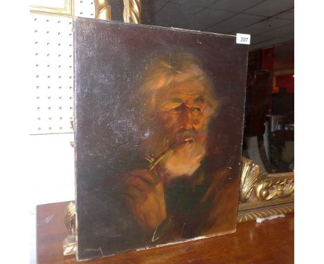 A 19th century unframed oil on canvas portrait of a bearded man smoking a pipe, the pipe lighting up his face, re-lined 