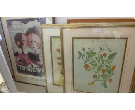 A Rosina Wachtmeister print together with a set of three botanical prints in gilt frames 