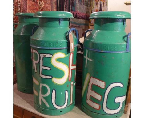 Three vintage green painted milk urns 